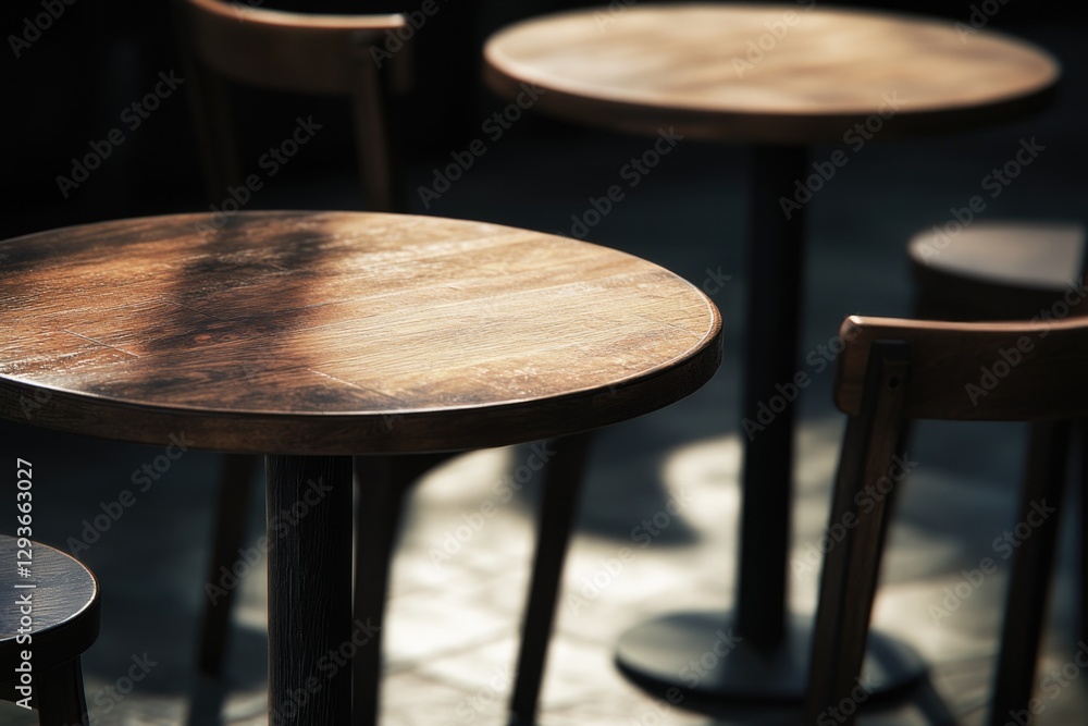 Poster a collection of wooden tables placed side by side, ideal for events or exhibitions