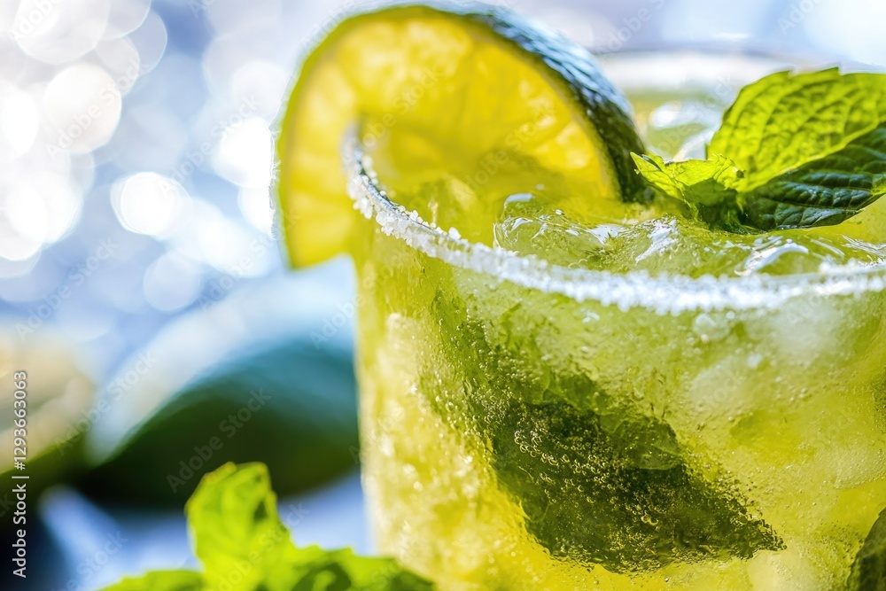 Poster close-up photo of a refreshing drink garnished with lime and mint