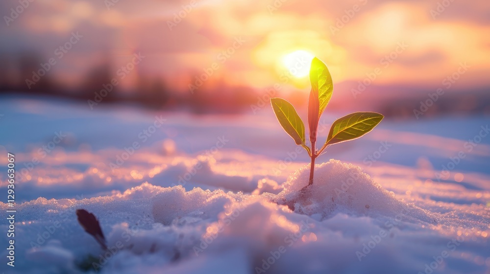 Poster Resilient Sprout Emerging from Winter Snow at Sunset