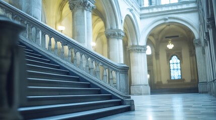 A grand staircase ascends towards a monumental building featuring a prominent clock, symbolizing elegance and architectural beauty.