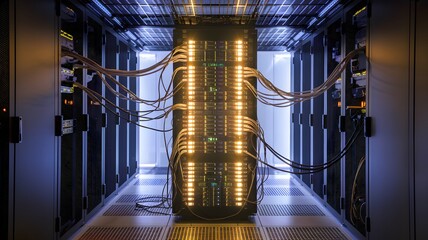A large, glowing server tower connected to multiple cables.