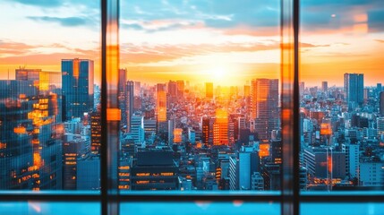 A stunning aerial view of a cityscape captured from a window, featuring a vibrant sunset that enhances the urban skyline's beauty.
