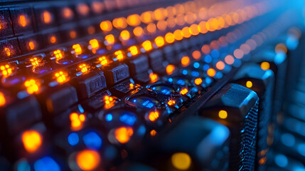 Data Server Rack: A close-up view of a high-tech server rack, showcasing rows of blinking lights, indicators, and server hardware components.