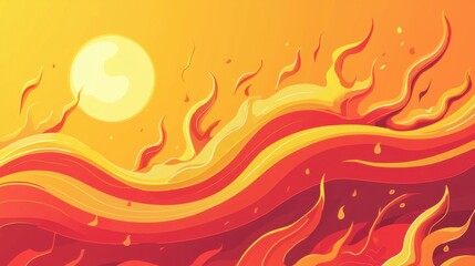 A fiery ocean with a sun in the background