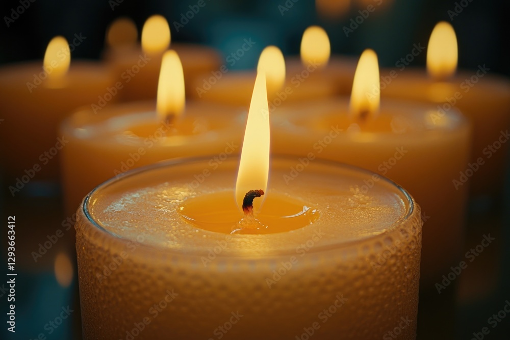 Poster a grouping of lit candles sitting on a table, ideal for use in still life photography or as a decora