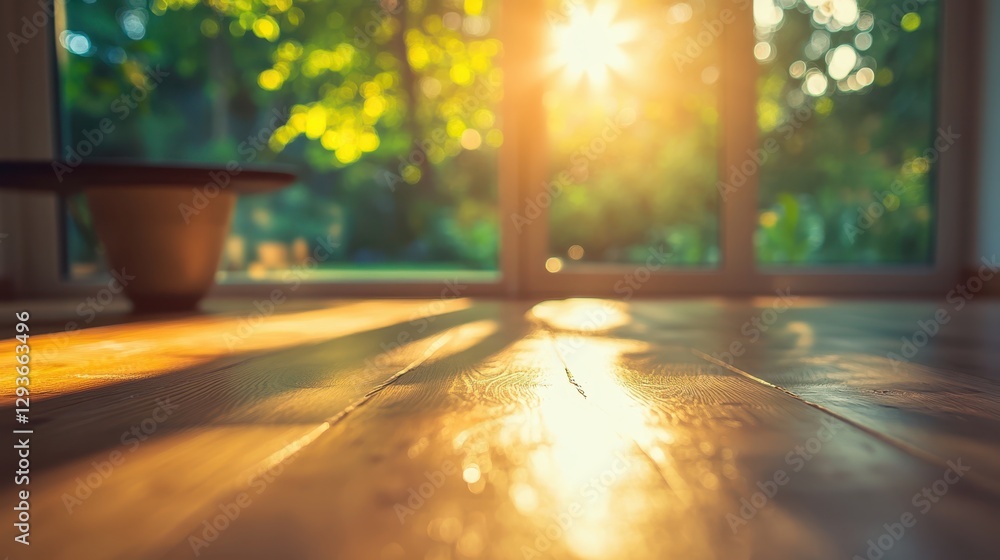 Poster sunlight illuminates a wooden floor in a cozy room, creating a warm and inviting atmosphere through 