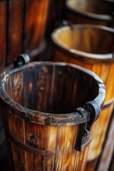 Fototapeta premium A close-up view of wooden bucket handles, ideal for use in rustic or vintage-themed designs