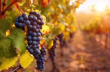 Ripe Red Grapes on the Vine at Sunset in a Vineyard