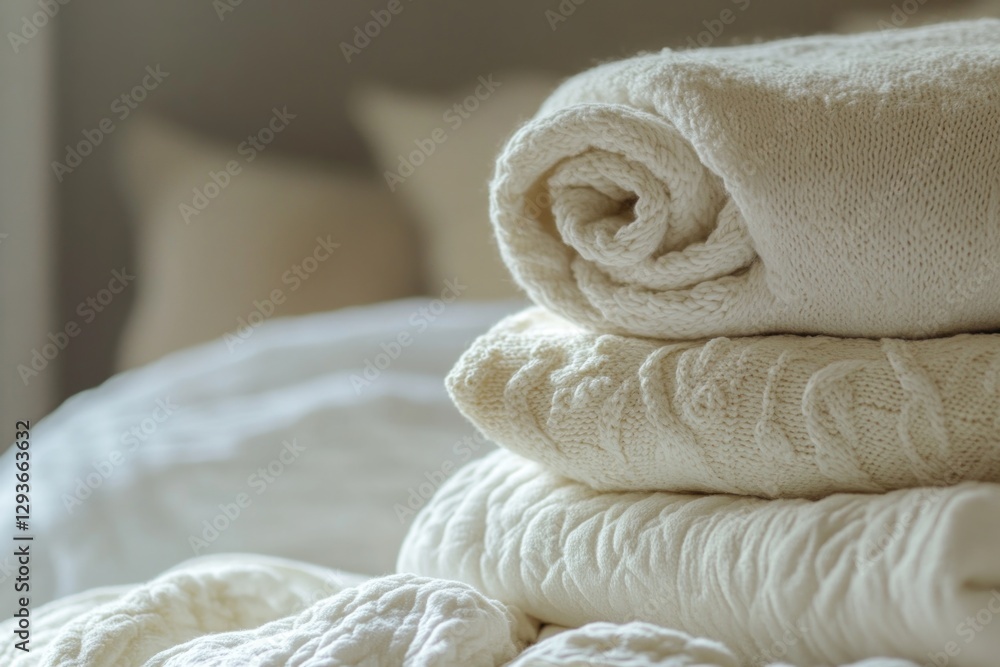 Aufkleber a stack of folded towels sitting on top of a bed
