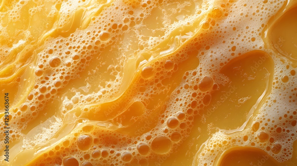 Poster macro shot of freshly squeezed orange juice with many air bubbles. close-up of orange juice with bub