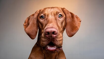 Charming Hungarian Vizslas Whimsical Studio Portrait Playful Pup Captured with Warm Tones, Showcasing Canine Charisma and Comic Expressions.