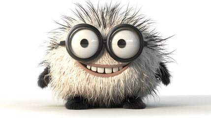 A fuzzy monster with big eyes and glasses is smiling