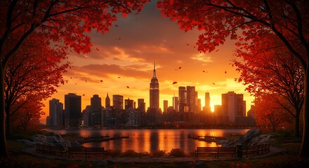 Obraz premium Pixel Art Cityscape at Sunset Framed by Autumn Leaves 