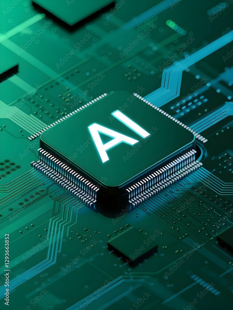 Poster National Ai Day, A close-up of an AI chip on a circuit board, symbolizing artificial intelligence, technology, and the future of computing