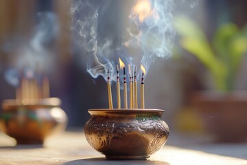 Incense sticks in a ceramic pot, ready for burning