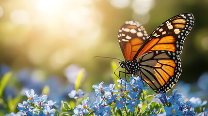 Fototapeta premium Vibrant monarch butterfly perched on delicate blue forgetmenots, bathed in warm sunlight. A perfect metaphor for transformation, beauty, and the fleeting nature of life.