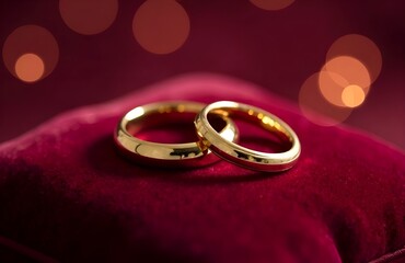Gold wedding rings on red velvet pillow with bokeh