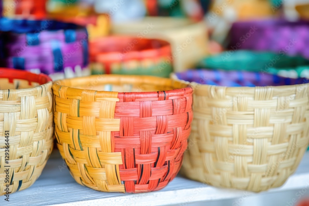 Poster a close-up view of various baskets on a shelf, perfect for use in interior design or still life phot