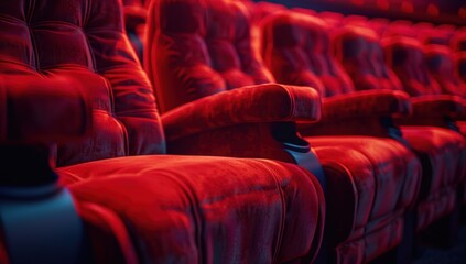 Obraz premium Rows of plush red velvet seats in a dark movie theater