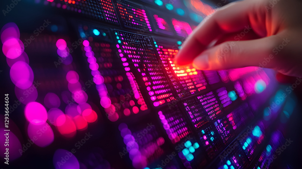 Poster touch of innovation: a hand interacts with a vibrant, futuristic digital interface, the glowing disp