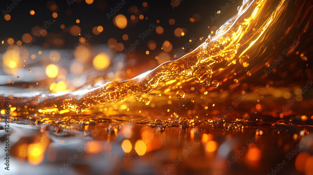 Poster liquid gold: a captivating close-up of a liquid cascade, illuminated with a golden glow, creating a 