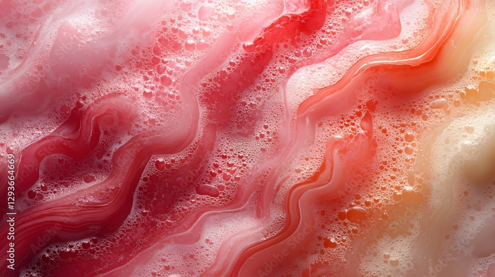 Poster Close-up abstract image of red and white swirls with foam bubbles creating a vibrant, textured pattern. Abstract Red and White Swirls with Bubbles: A Textured Masterpiece