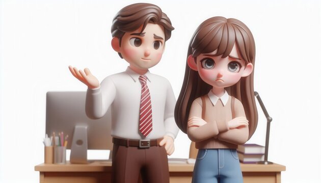 Conflict resolution between colleagues in a modern office environment 3d character illustration
