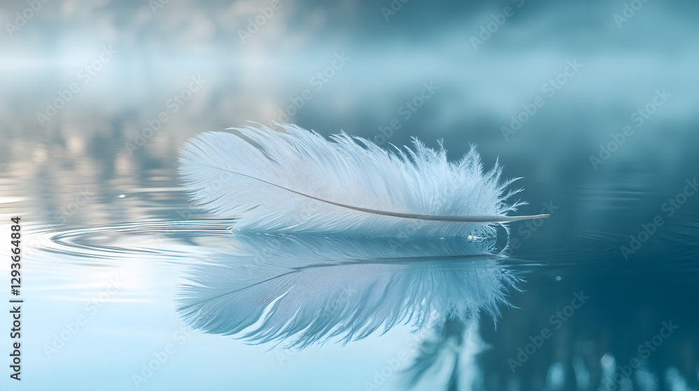 Poster floating feather: a pristine white feather gently floats on the surface of tranquil water, with a ba