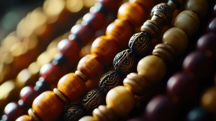A close-up view of a collection of wooden beads