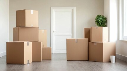 Unpacking Boxes in New Home with Sense of Excitement and Moving Supplies  Family surrounded by cardboard boxes furniture and household items as they settle into their new residence