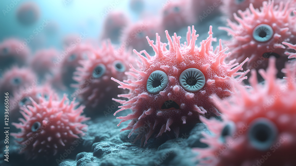 Poster microscopic menace: a detailed and slightly whimsical illustration of a collection of disease-causin