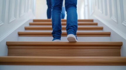 Family of three walking up the modern wooden staircase in their new residential home guided by real estate agent showcasing the available living space