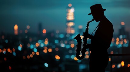 A man playing a saxophone in the city at night