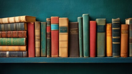 Naklejka premium A vibrant shelf filled with books, set against a striking green wall and a contrasting blue wall, creating a lively reading space.