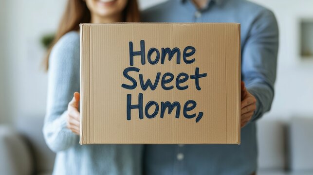 Excited young couple unpacking a cardboard box labeled Home Sweet Home in the bright cozy interior of their new house celebrating the milestone of moving into their new residence