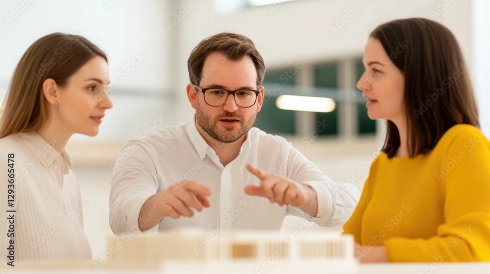 Poster two professionals collaborating and discussing architectural design model with a client in a well li