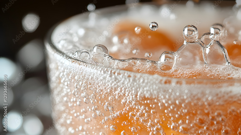 Poster sparkling elixir: capturing a close-up view of an effervescent drink as bubbles rise, with droplets 