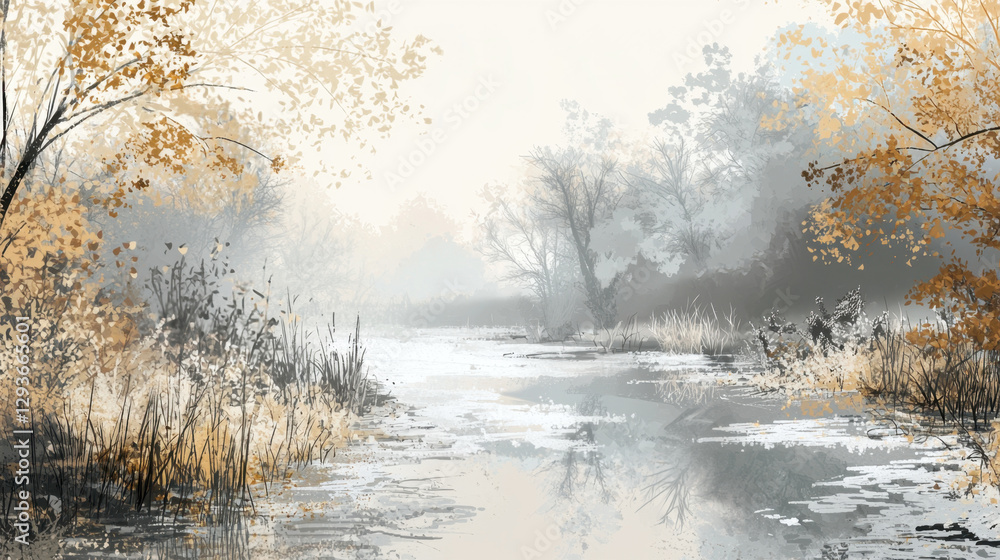 Poster a painting of a river with trees in the background