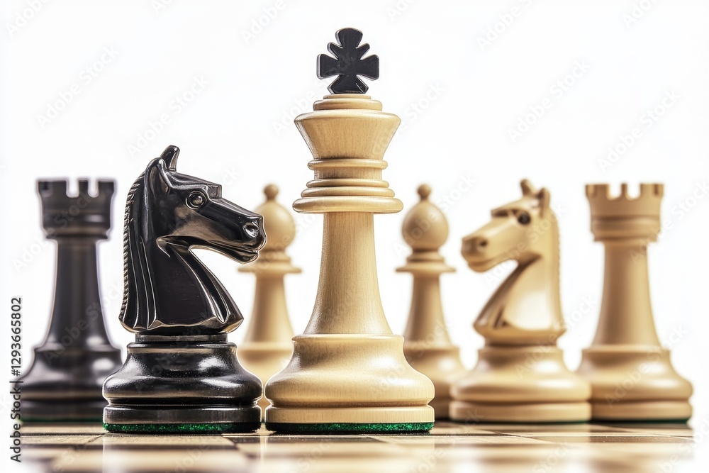 Poster a detailed view of chess pieces on a chessboard, ideal for use in illustrations or as a visual aid f