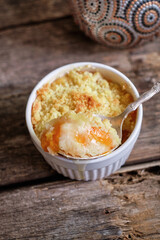 Portion of peach and apricot streusel pie. 