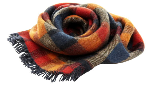 Cozy plaid scarf draped elegantly in warm autumn colors suitable for chilly weather outings