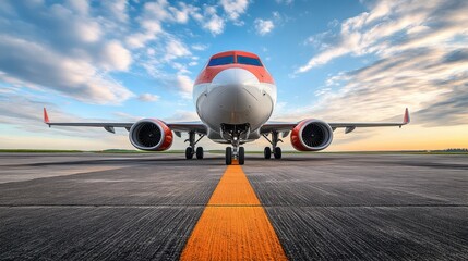 Aerial view of a large commercial airplane parked on a runway, showcasing its sleek design and expansive wingspan against the tarmac background.