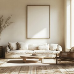 A white couch is in a living room with a white wall. There is a coffee table in the room with a vase on it. A chair is also present in the room
