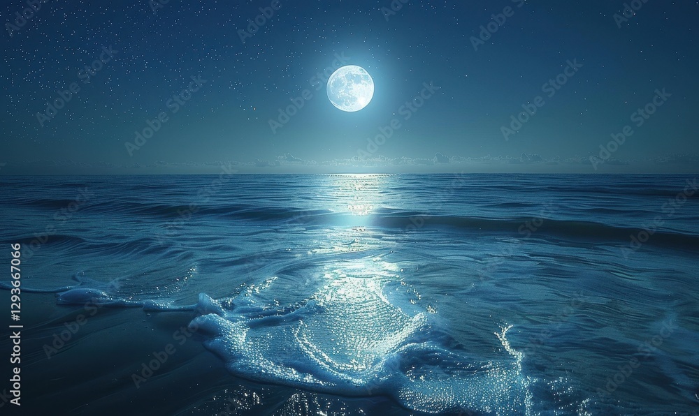 Poster serene nightscape of ocean under full moon and starlit sky