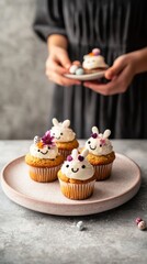 Kawaii-style Spring Muffins with Easter Charm kawaii style, decorated with pastel-colored icing Each muffin features sweet little bunny faces, tiny sugar egg