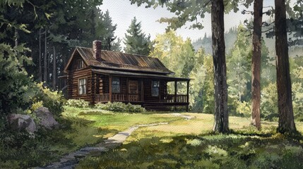 A small cabin in the woods with a porch and a stone wall