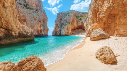 Fototapeta premium A serene sandy beach borders a vibrant blue ocean, framed by a rugged rocky cliff, creating a picturesque coastal landscape.