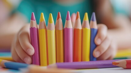 Fototapeta premium Preschool students using crayons to draw on colorful paper during an art focused class supervised by their teacher