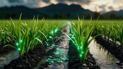 Futuristic rice farming with AI-powered monitoring, glowing holographic agricultural data, cyber agriculture