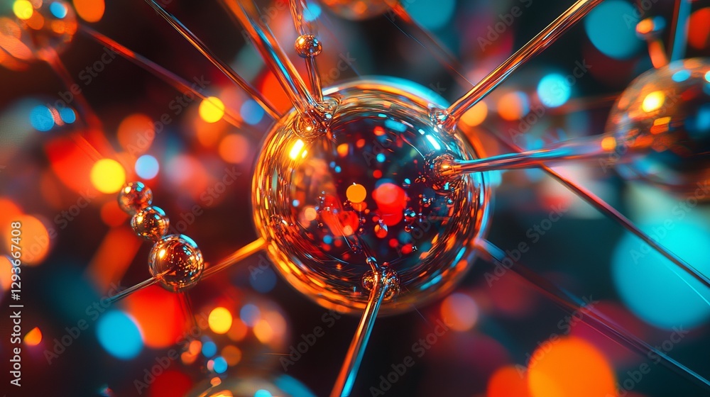Poster abstract shiny metallic molecular structure red orange blue light bokeh background science technolog